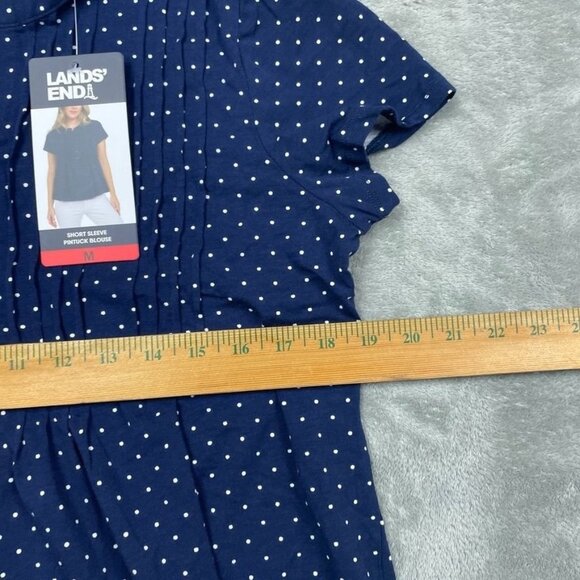 Lands End Short Sleeve Navy Pintuck Blouse Polka Dots M d0343 - Picture 4 of 7
